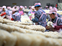 Workers pack golden mushrooms in a production workshop of Jiangsu Hualu Biotechnology Co LTD in Siyang National Modern Agriculture Industria...