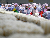 Workers pack golden mushrooms in a production workshop of Jiangsu Hualu Biotechnology Co LTD in Siyang National Modern Agriculture Industria...