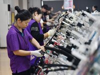 Workers work on a car harness production line at Handan Yongxu Automotive Electronics Co LTD in an industrial park in Yongnian district of H...