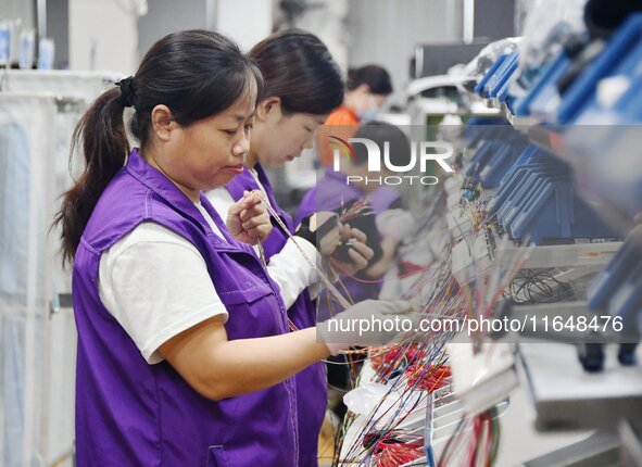 Workers work on a car harness production line at Handan Yongxu Automotive Electronics Co LTD in an industrial park in Yongnian district of H...