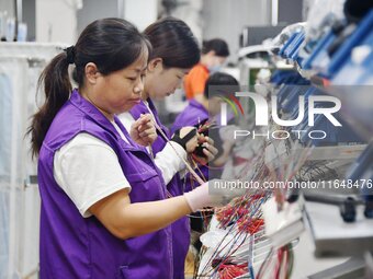 Workers work on a car harness production line at Handan Yongxu Automotive Electronics Co LTD in an industrial park in Yongnian district of H...