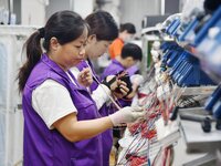 Workers work on a car harness production line at Handan Yongxu Automotive Electronics Co LTD in an industrial park in Yongnian district of H...