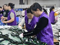 Workers work on a car harness production line at Handan Yongxu Automotive Electronics Co LTD in an industrial park in Yongnian district of H...