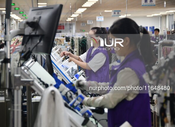 Workers work on a car harness production line at Handan Yongxu Automotive Electronics Co LTD in an industrial park in Yongnian district of H...