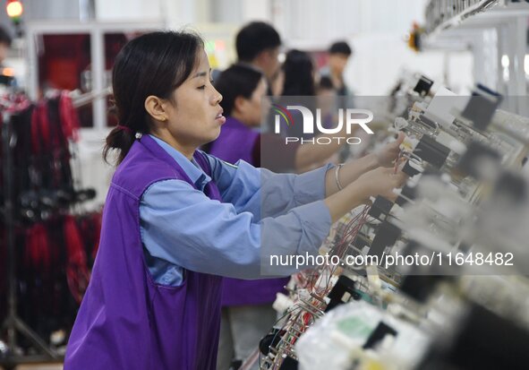 Workers work on a car harness production line at Handan Yongxu Automotive Electronics Co LTD in an industrial park in Yongnian district of H...