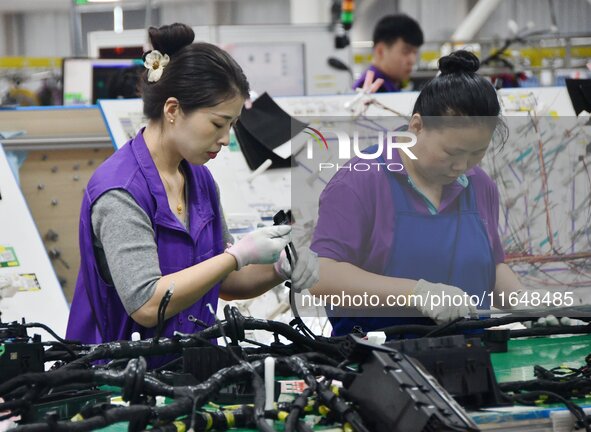 Workers work on a car harness production line at Handan Yongxu Automotive Electronics Co LTD in an industrial park in Yongnian district of H...