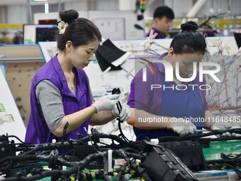 Workers work on a car harness production line at Handan Yongxu Automotive Electronics Co LTD in an industrial park in Yongnian district of H...