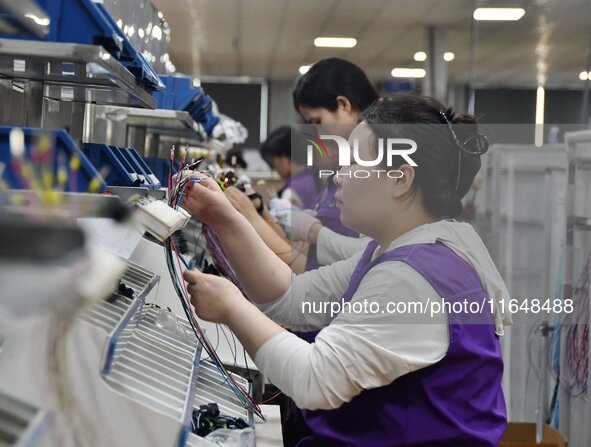 Workers work on a car harness production line at Handan Yongxu Automotive Electronics Co LTD in an industrial park in Yongnian district of H...