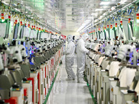 A worker works on an electronic component production line at Jiangsu Baopulai Semiconductor Co LTD in the Siyang Economic Development Zone i...