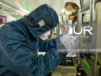 A worker works on an electronic component production line at Jiangsu Baopulai Semiconductor Co LTD in the Siyang Economic Development Zone i...