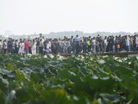 Crowds of people gather at West Lake during the National Day holiday in Hangzhou, China, on October 2, 2024. On October 8, 2024, according t...