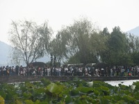 Crowds of people gather at West Lake during the National Day holiday in Hangzhou, China, on October 2, 2024. On October 8, 2024, according t...