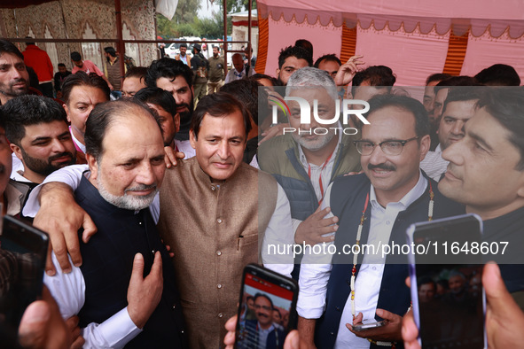 Winning candidates Javid Hassan Baig, Javid Ahmad Dar, Irshad Rasool Kar, and Sajad Shafi from the National Conference speak to the media ou...