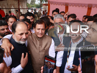 Winning candidates Javid Hassan Baig, Javid Ahmad Dar, Irshad Rasool Kar, and Sajad Shafi from the National Conference speak to the media ou...