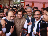 Winning candidates Javid Hassan Baig, Javid Ahmad Dar, Irshad Rasool Kar, and Sajad Shafi from the National Conference speak to the media ou...