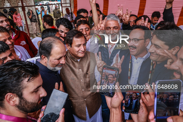 Winning candidates Javid Hassan Baig, Javid Ahmad Dar, Irshad Rasool Kar, and Sajad Shafi from the National Conference speak to the media ou...