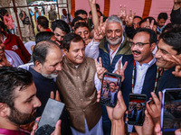 Winning candidates Javid Hassan Baig, Javid Ahmad Dar, Irshad Rasool Kar, and Sajad Shafi from the National Conference speak to the media ou...