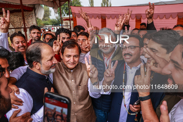 Winning candidates Javid Hassan Baig, Javid Ahmad Dar, Irshad Rasool Kar, and Sajad Shafi from the National Conference speak to the media ou...