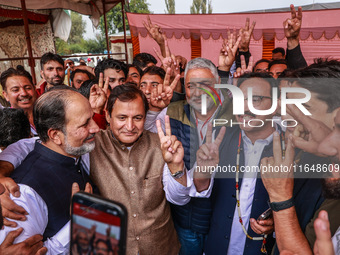 Winning candidates Javid Hassan Baig, Javid Ahmad Dar, Irshad Rasool Kar, and Sajad Shafi from the National Conference speak to the media ou...