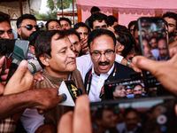 Sajad Shafi, the National Conference winning candidate from Audi, speaks to the media outside the counting center during assembly election r...