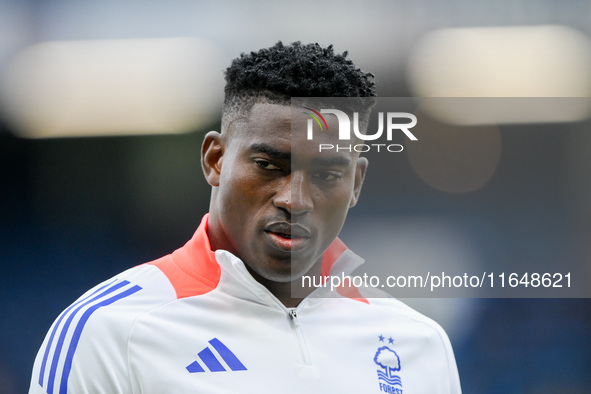 Taiwo Awoniyi of Nottingham Forest participates in the Premier League match between Chelsea and Nottingham Forest at Stamford Bridge in Lond...