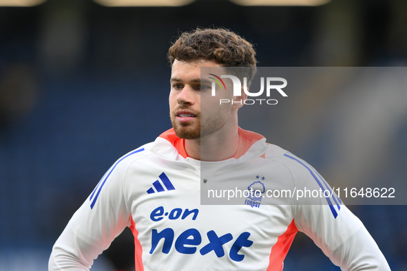 Neco Williams of Nottingham Forest plays during the Premier League match between Chelsea and Nottingham Forest at Stamford Bridge in London,...