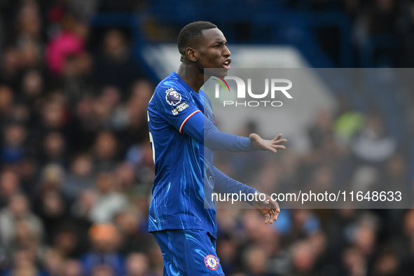 Nicolas Jackson of Chelsea gestures during the Premier League match between Chelsea and Nottingham Forest at Stamford Bridge in London, Engl...