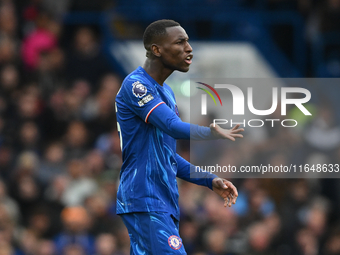 Nicolas Jackson of Chelsea gestures during the Premier League match between Chelsea and Nottingham Forest at Stamford Bridge in London, Engl...