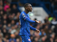 Nicolas Jackson of Chelsea gestures during the Premier League match between Chelsea and Nottingham Forest at Stamford Bridge in London, Engl...