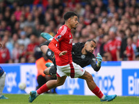 Robert Sanchez, Chelsea goalkeeper, dives as Morgan Gibbs-White of Nottingham Forest watches the ball after Chris Wood of Nottingham Forest...