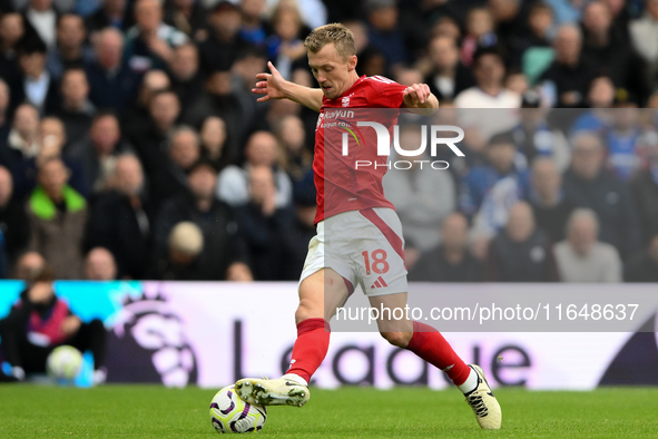 James Ward-Prowse of Nottingham Forest is in action during the Premier League match between Chelsea and Nottingham Forest at Stamford Bridge...