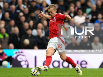 James Ward-Prowse of Nottingham Forest is in action during the Premier League match between Chelsea and Nottingham Forest at Stamford Bridge...