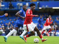 Ola Aina of Nottingham Forest is in action during the Premier League match between Chelsea and Nottingham Forest at Stamford Bridge in Londo...