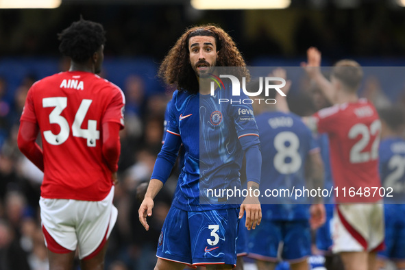 Marc Cucurella of Chelsea gestures towards the assistant referee during the Premier League match between Chelsea and Nottingham Forest at St...