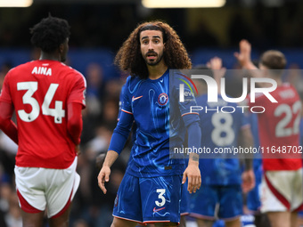 Marc Cucurella of Chelsea gestures towards the assistant referee during the Premier League match between Chelsea and Nottingham Forest at St...