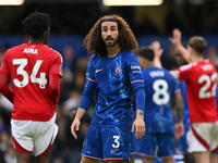 Marc Cucurella of Chelsea gestures towards the assistant referee during the Premier League match between Chelsea and Nottingham Forest at St...