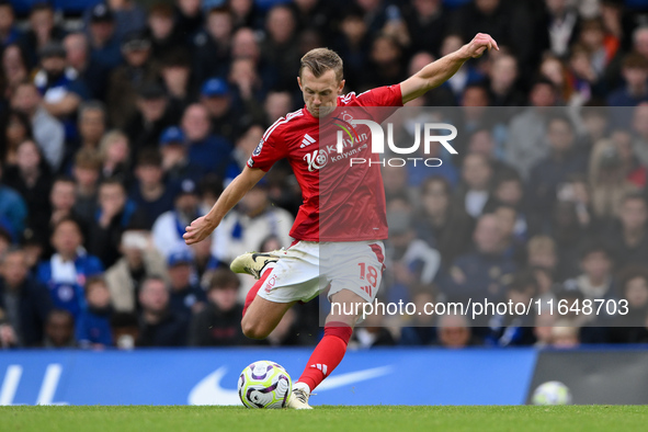 James Ward-Prowse of Nottingham Forest is in action during the Premier League match between Chelsea and Nottingham Forest at Stamford Bridge...