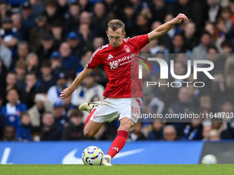 James Ward-Prowse of Nottingham Forest is in action during the Premier League match between Chelsea and Nottingham Forest at Stamford Bridge...