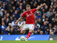 James Ward-Prowse of Nottingham Forest is in action during the Premier League match between Chelsea and Nottingham Forest at Stamford Bridge...