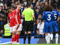 Ryan Yates of Nottingham Forest comments to Referee Chris Kavanagh during the Premier League match between Chelsea and Nottingham Forest at...