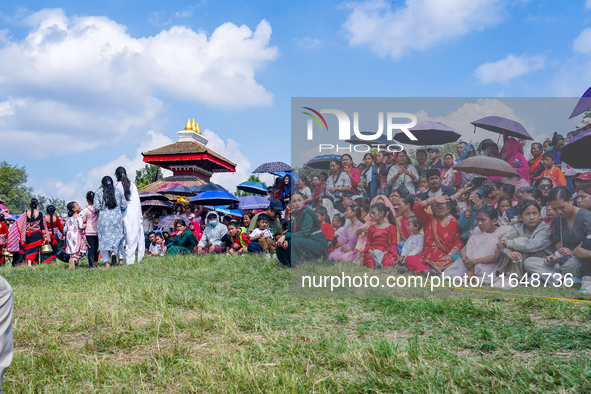 Nepalese Hindu devotees dress as deities and perform a traditional ritual dance during the Sikali Jatra festival in Khokana village, Lalitpu...