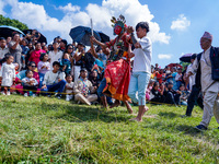 Nepalese Hindu devotees dress as deities and perform a traditional ritual dance during the Sikali Jatra festival in Khokana village, Lalitpu...