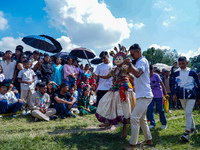 Nepalese Hindu devotees dress as deities and perform a traditional ritual dance during the Sikali Jatra festival in Khokana village, Lalitpu...