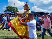 Nepalese Hindu devotees dress as deities and perform a traditional ritual dance during the Sikali Jatra festival in Khokana village, Lalitpu...