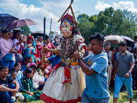 Nepalese Hindu devotees dress as deities and perform a traditional ritual dance during the Sikali Jatra festival in Khokana village, Lalitpu...