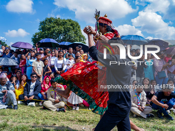 Nepalese Hindu devotees dress as deities and perform a traditional ritual dance during the Sikali Jatra festival in Khokana village, Lalitpu...