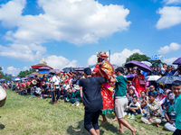 Nepalese Hindu devotees dress as deities and perform a traditional ritual dance during the Sikali Jatra festival in Khokana village, Lalitpu...