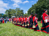 People wear traditional dress and walk to celebrate the traditional cultural Sikali festival in Khokana Village, Lalitpur, Nepal, on October...