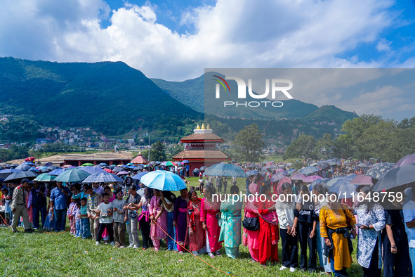 Nepalese Hindu devotees dress as deities and perform a traditional ritual dance during the Sikali Jatra festival in Khokana village, Lalitpu...