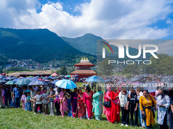 Nepalese Hindu devotees dress as deities and perform a traditional ritual dance during the Sikali Jatra festival in Khokana village, Lalitpu...